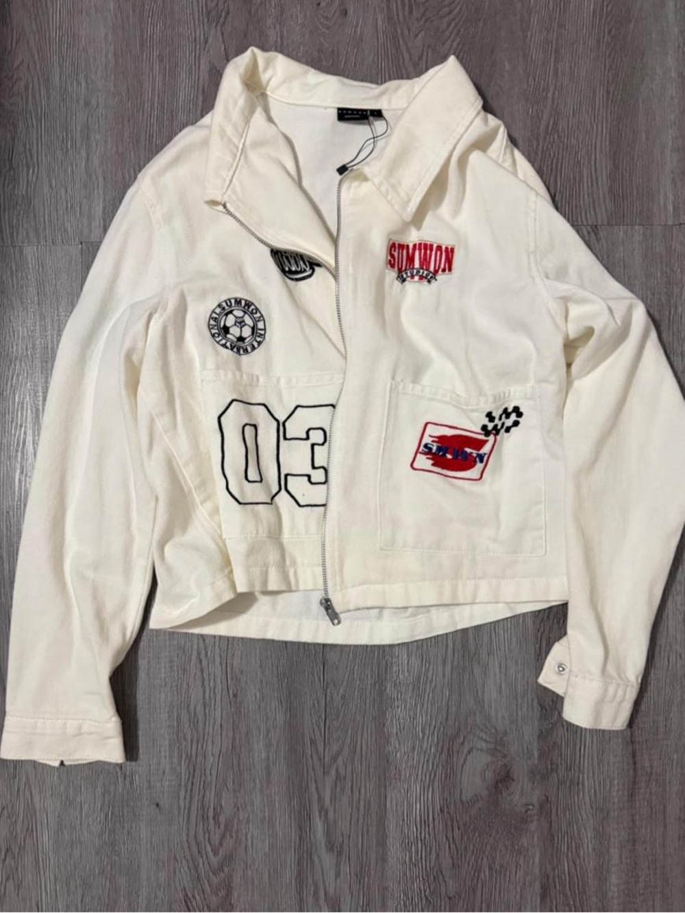 White Patchwork Bomber Jacket